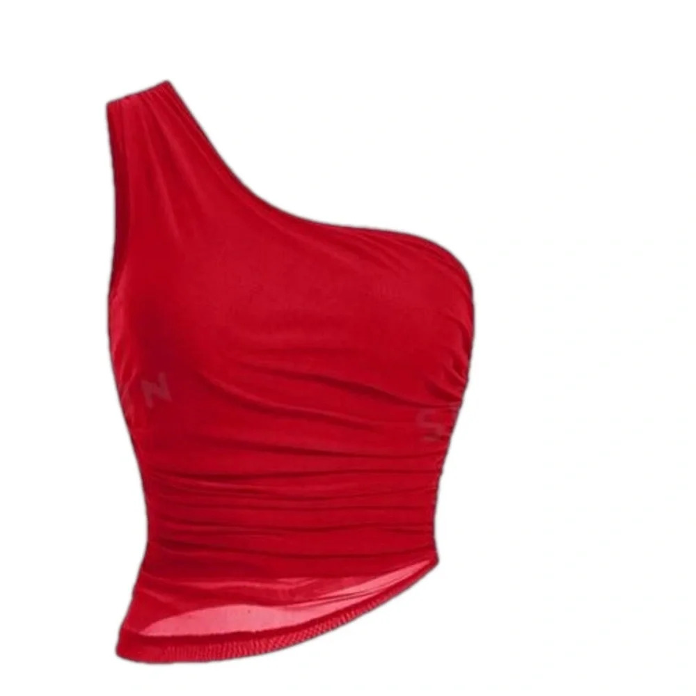 SHEIN Red One Shoulder Ruched Mesh Top Sleeveless Asymmetrical Bodice